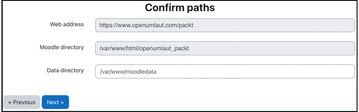 Figure 1.8 – Moodle installation – Confirm paths
