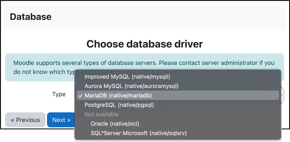 Figure 1.9 – Moodle installation – Choose database driver
