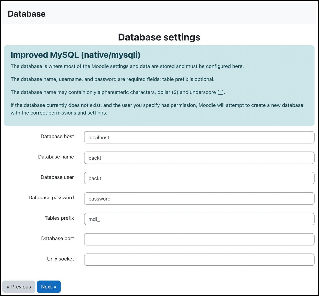 Figure 1.10 – Moodle installation – Database settings
