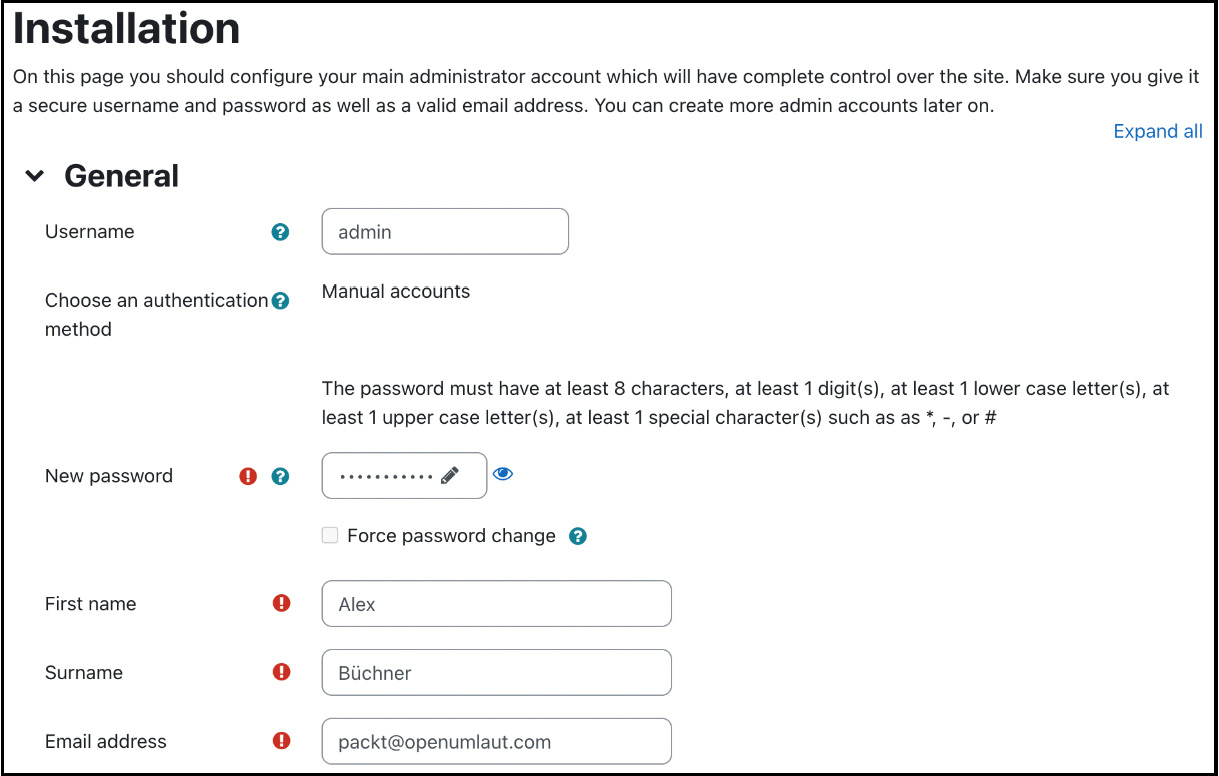 Figure 1.12 – Moodle installation – setting up the admin account
