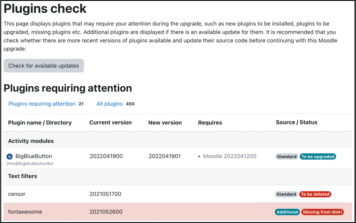 Figure 1.19 – Updating Moodle – Plugins check
