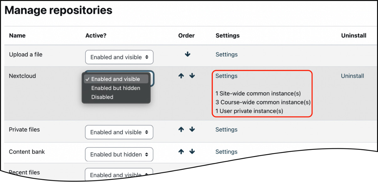 Figure 10.21 – Managing Moodle repositories
