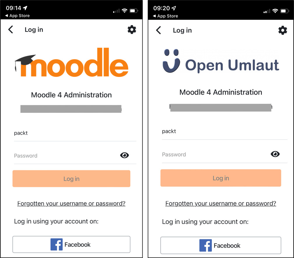 Figure 11.17 – Moodle app login logo (standard and custom)
