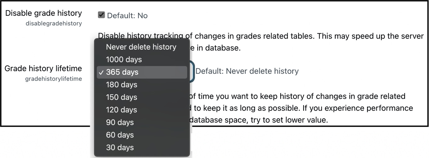 Figure 15.4 – Gradebook history settings
