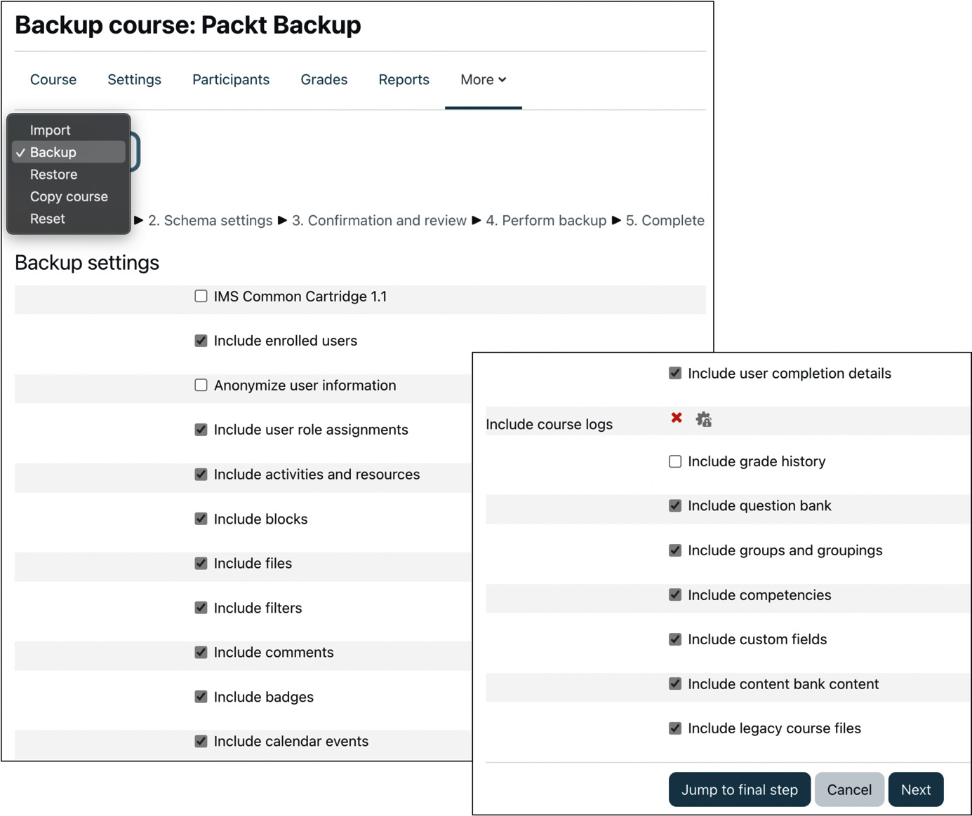 Figure 16.3 – Course backup – Initial settings
