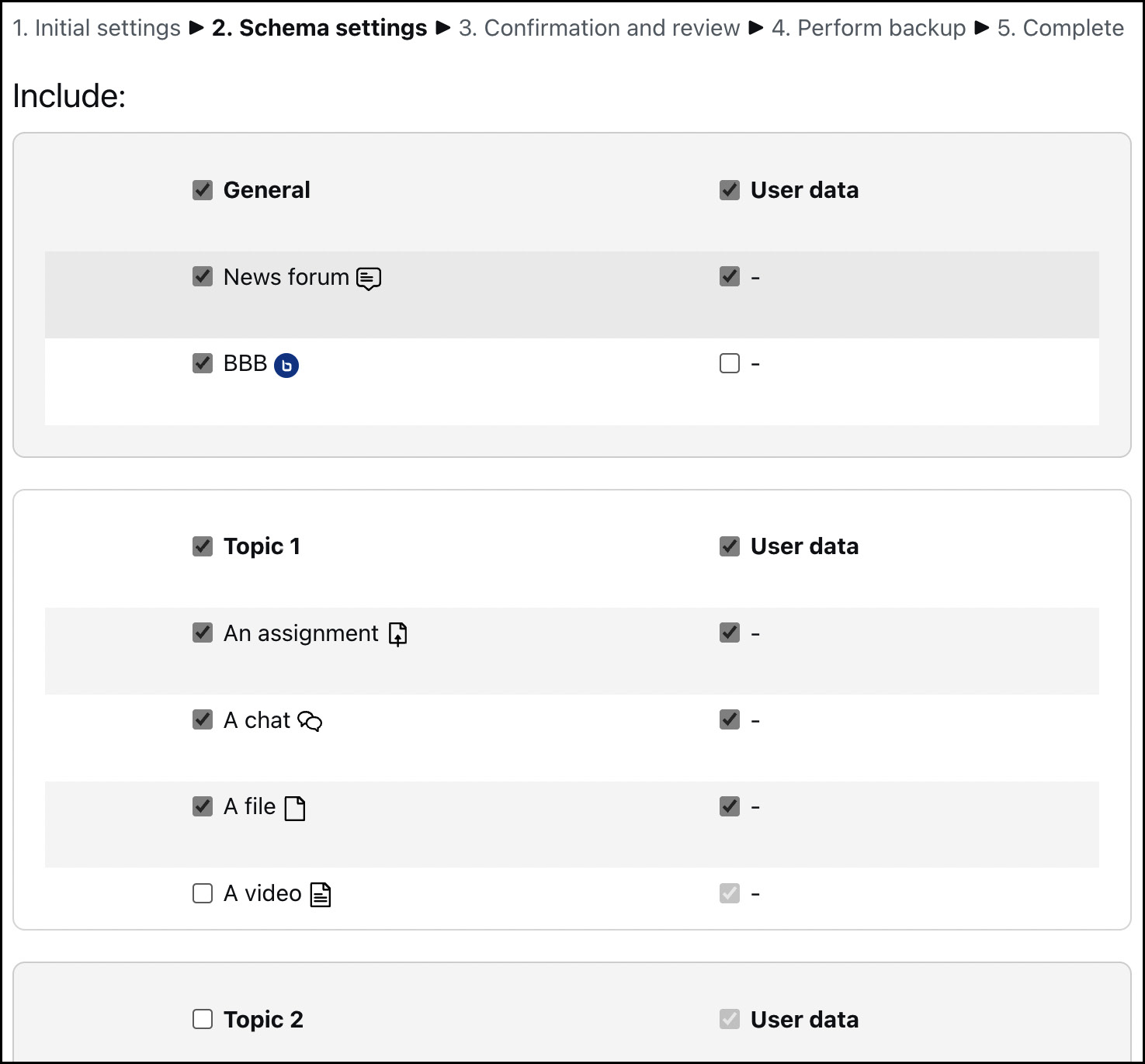 Figure 16.5 – Course backup – Schema settings
