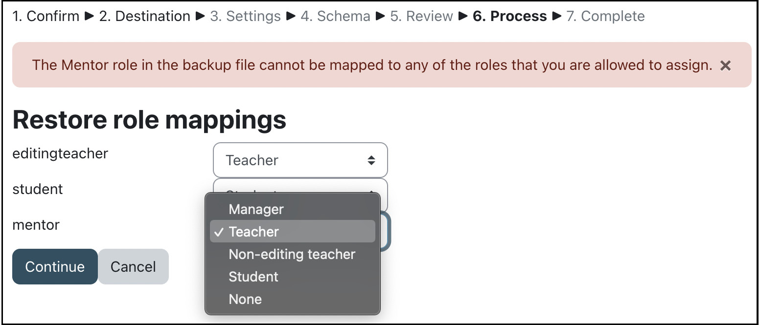 Figure 16.12 – Course restore – Restore role mappings
