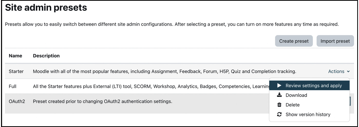 Figure 17.4 – Site admin presets
