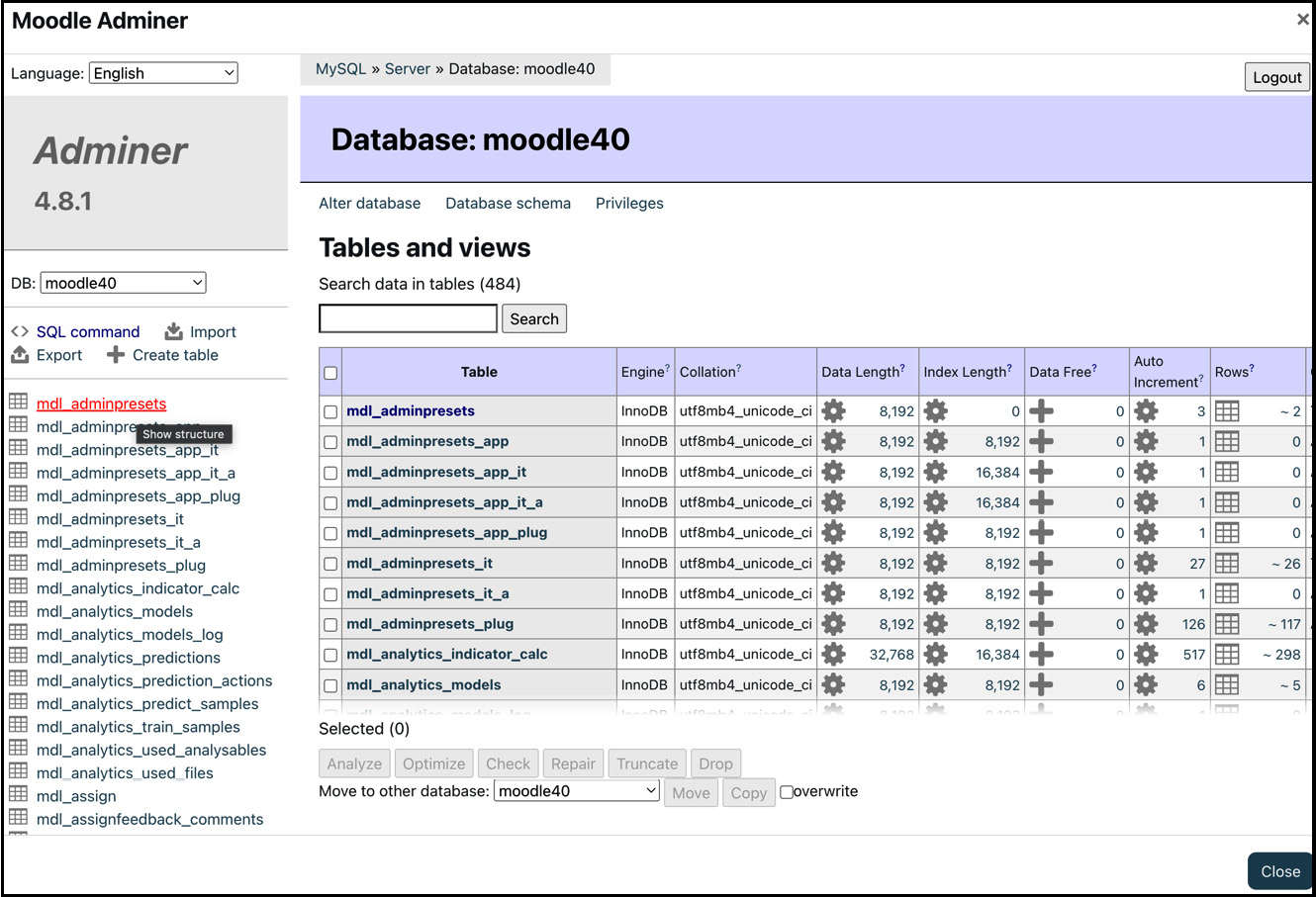 Figure 17.9 – The Moodle Adminer interface
