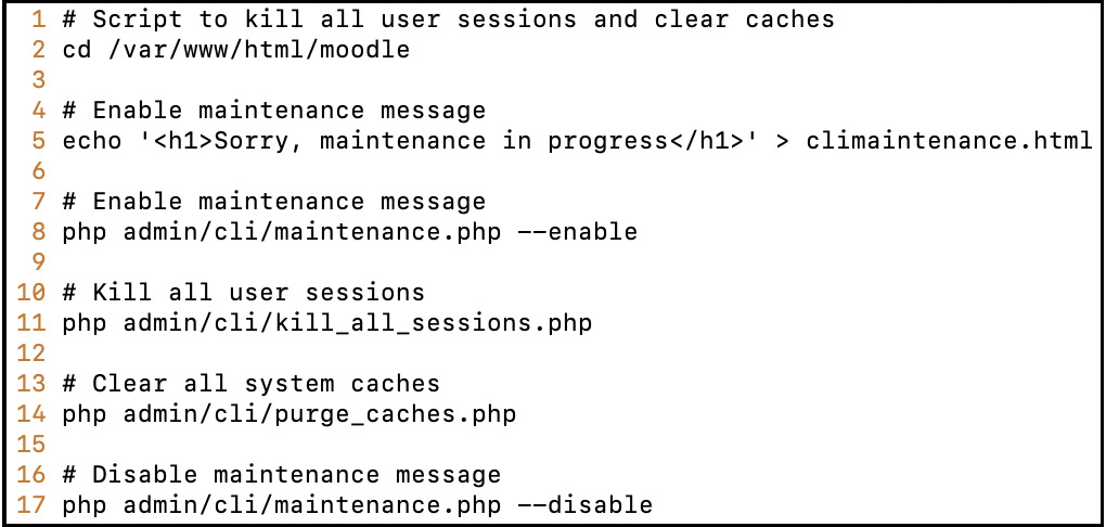 Figure 17.11 – A sample Bash script utilizing the Moodle CLI
