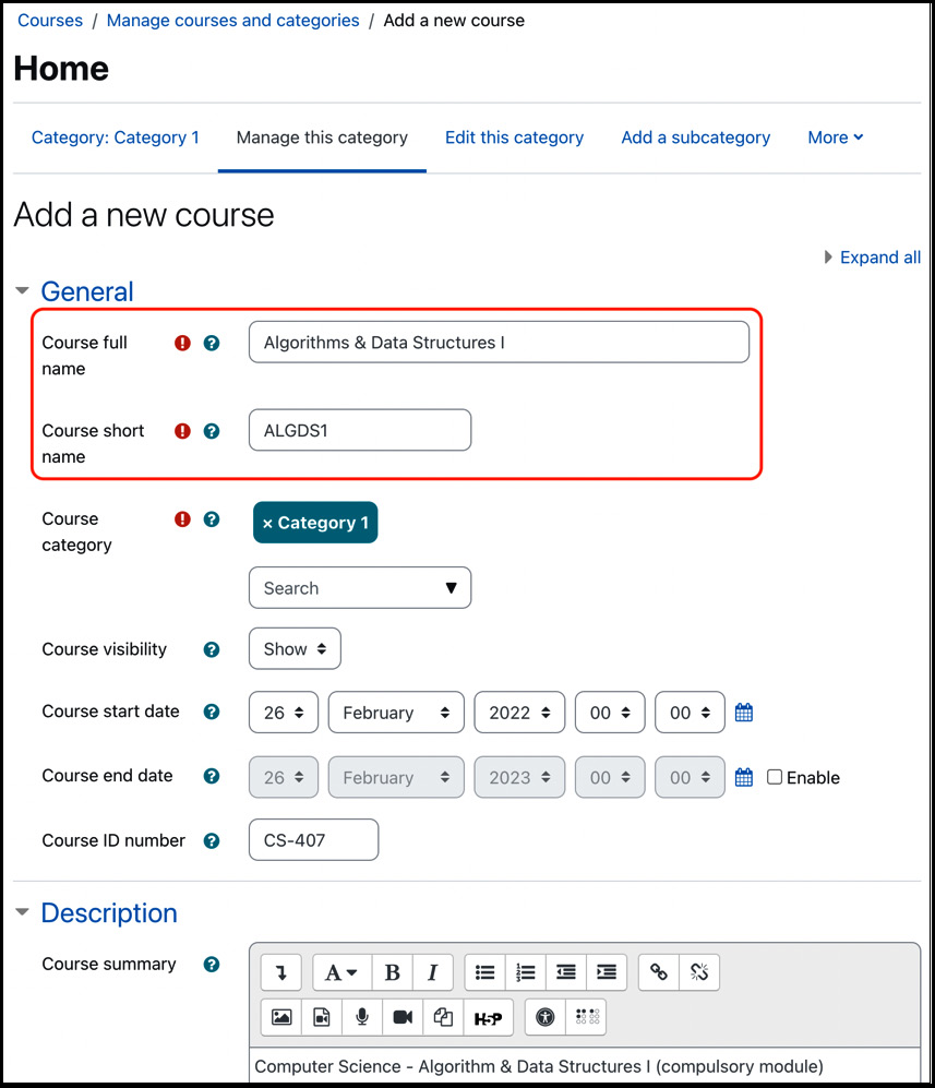 Figure 3.4 – Creating a Moodle course
