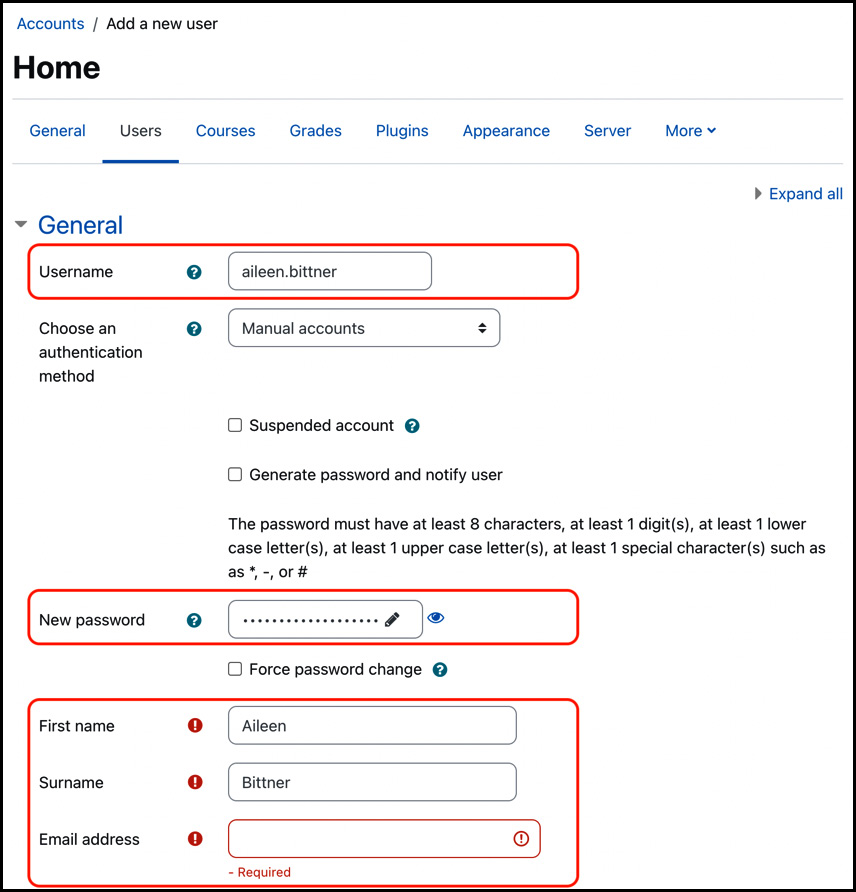 Figure 3.6 – Adding a Moodle user account
