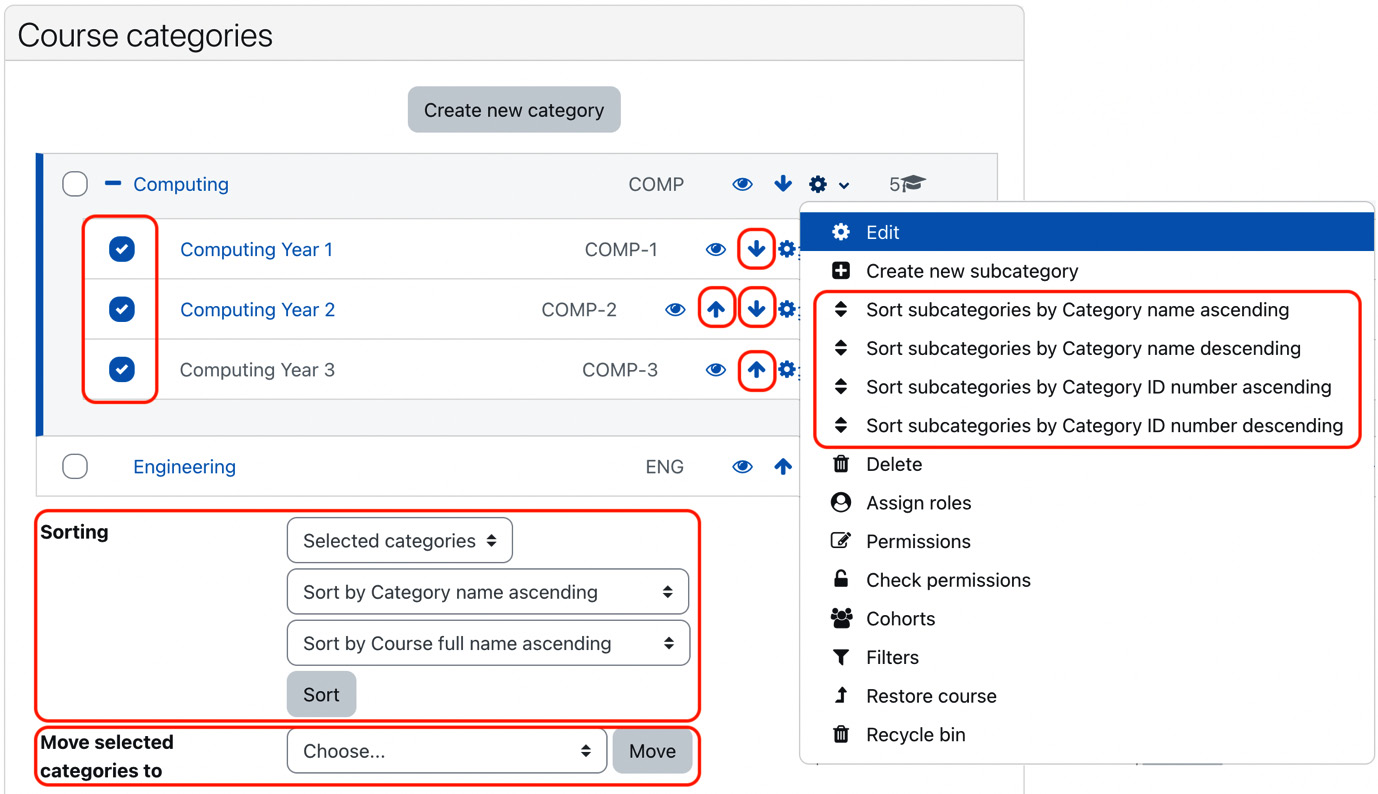 Figure 4.7 – Sorting and moving categories and courses