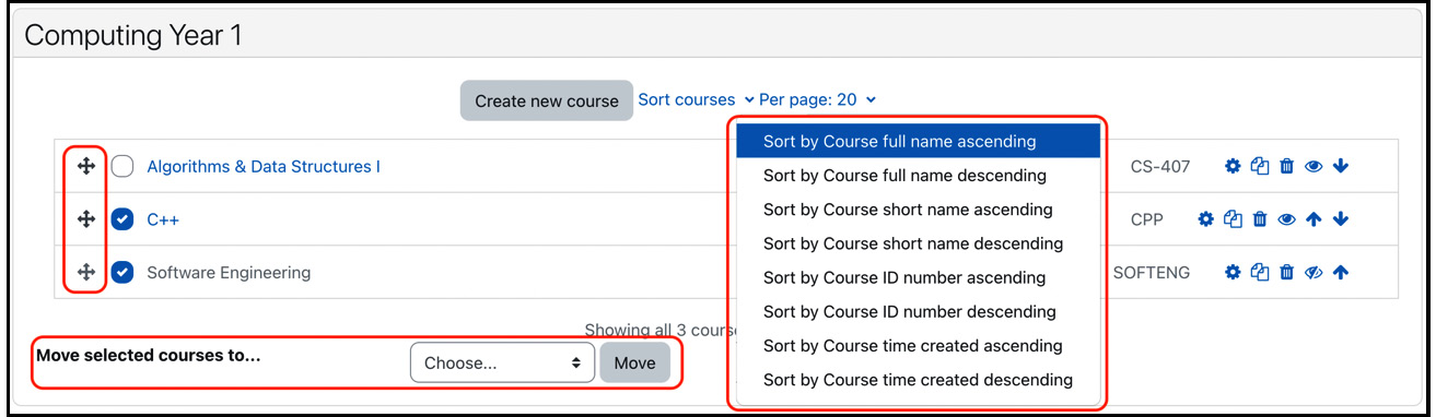 Figure 4.9 – Moving and sorting courses
