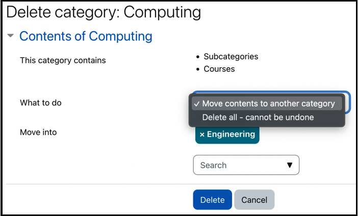 Figure 4.10 – Deleting a course category
