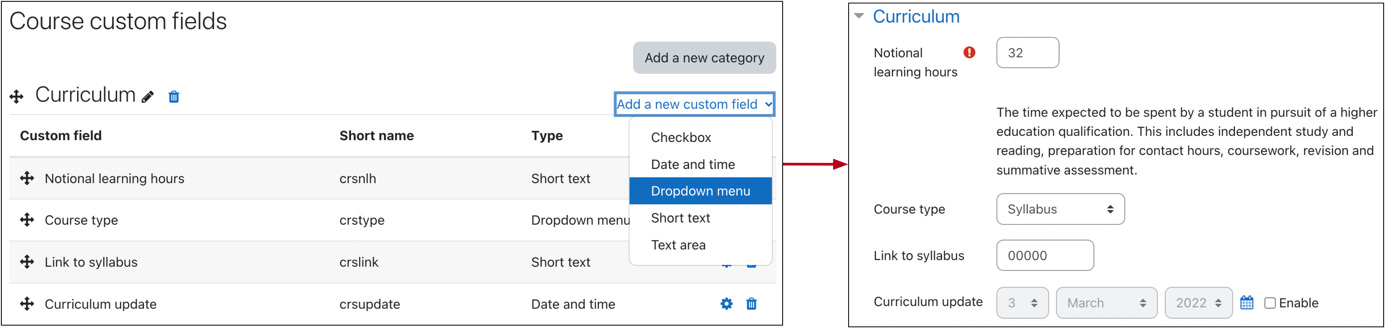 Figure 4.16 – Custom course fields
