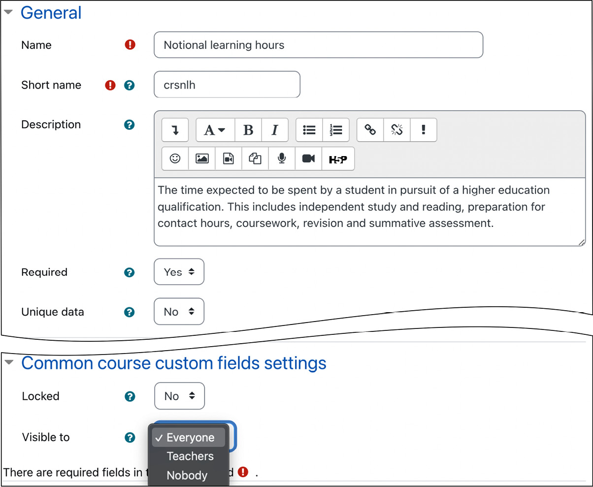 Figure 4.17 – Custom course fields (General and Common)
