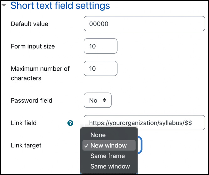 Figure 4.19 – Custom course field in the short text field settings
