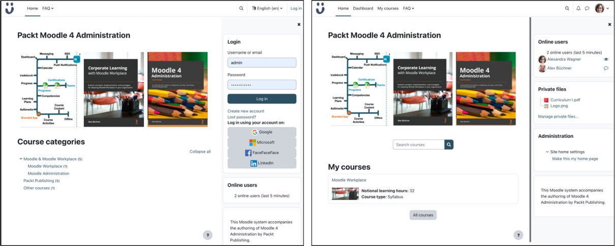 Figure 7.4 – Sample home page before and after login
