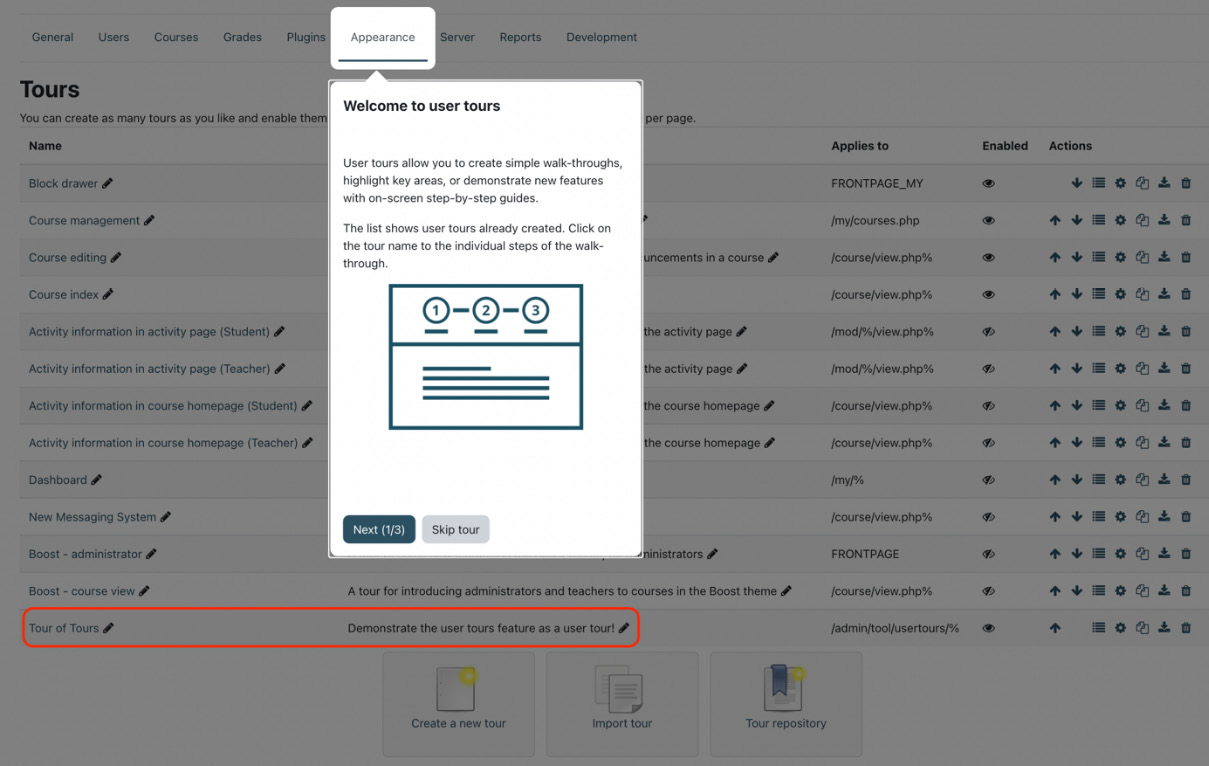 Figure 7.23 – Managing user tours
