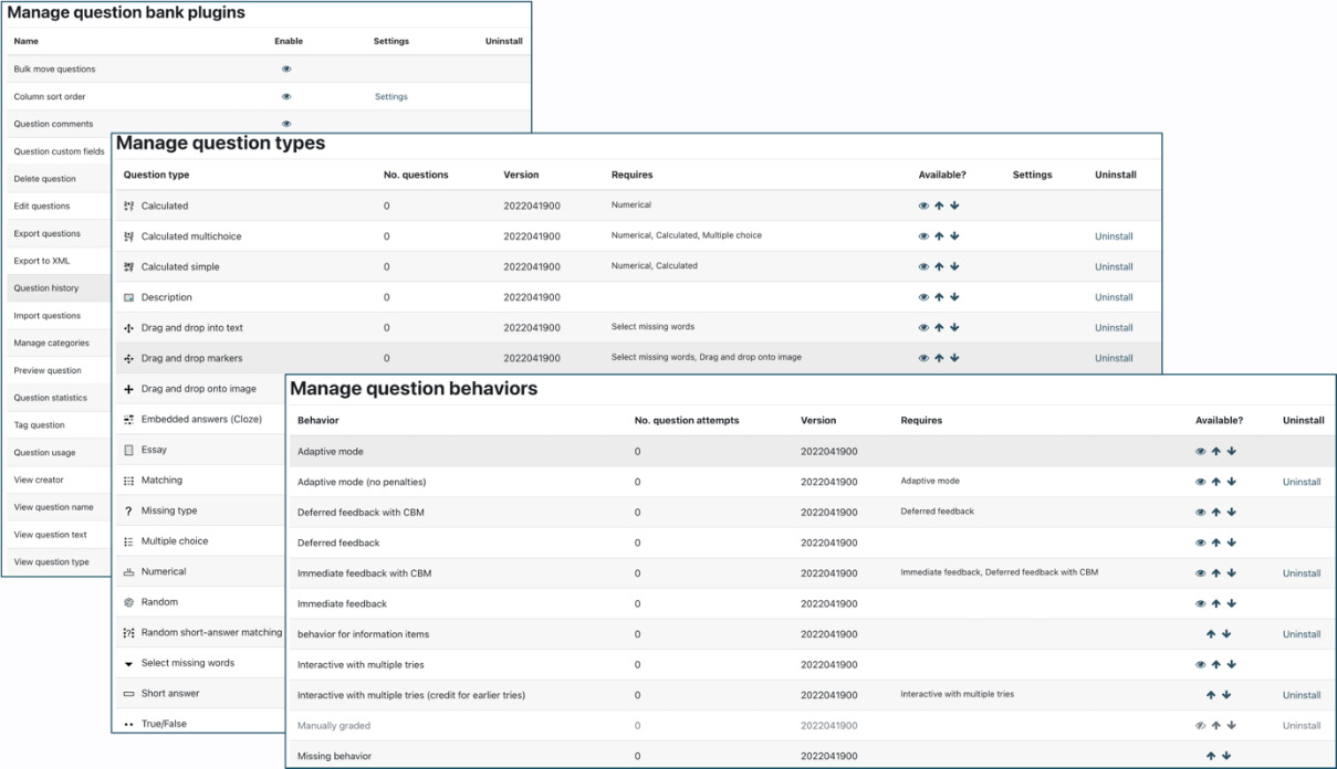 Figure 9.21 – Question bank plugins, question types, and question behaviors
