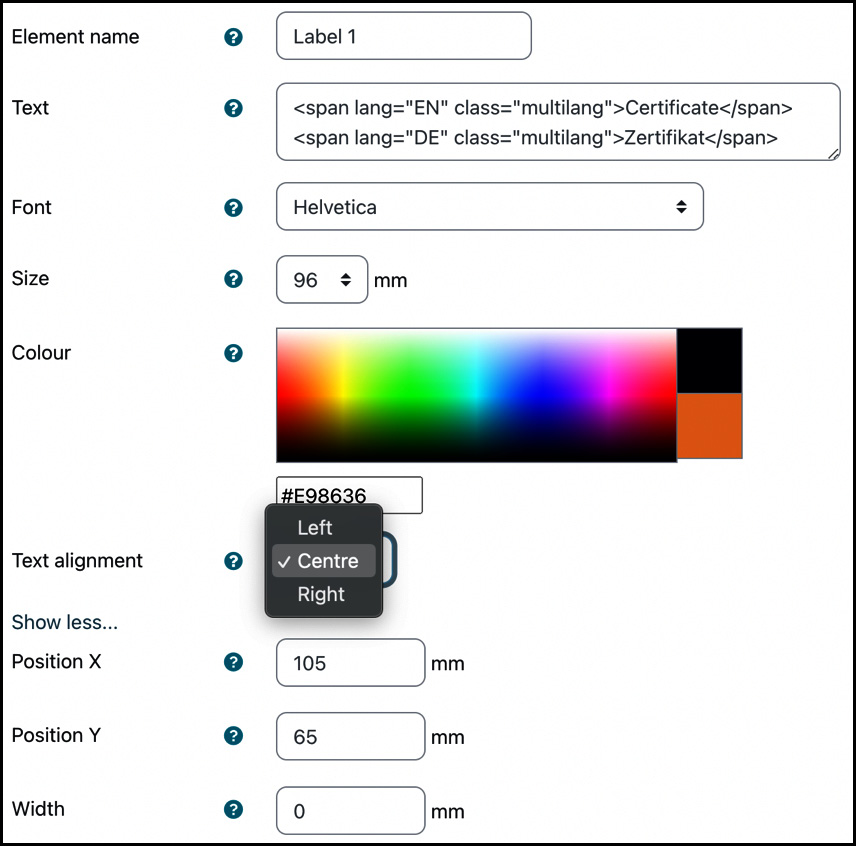 Figure 9.35 – Certificate text element