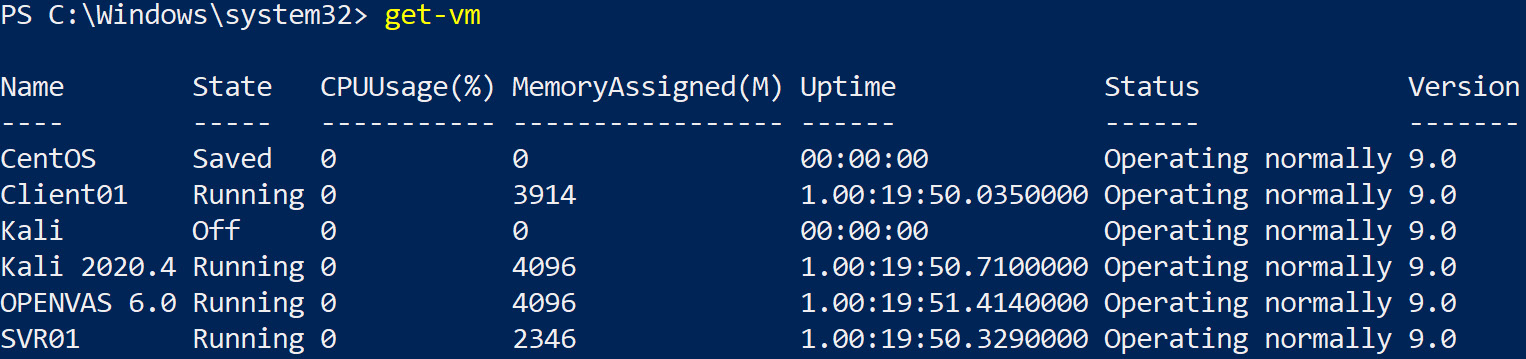 Figure 7.21 – get-vm displaying a list of VMs
