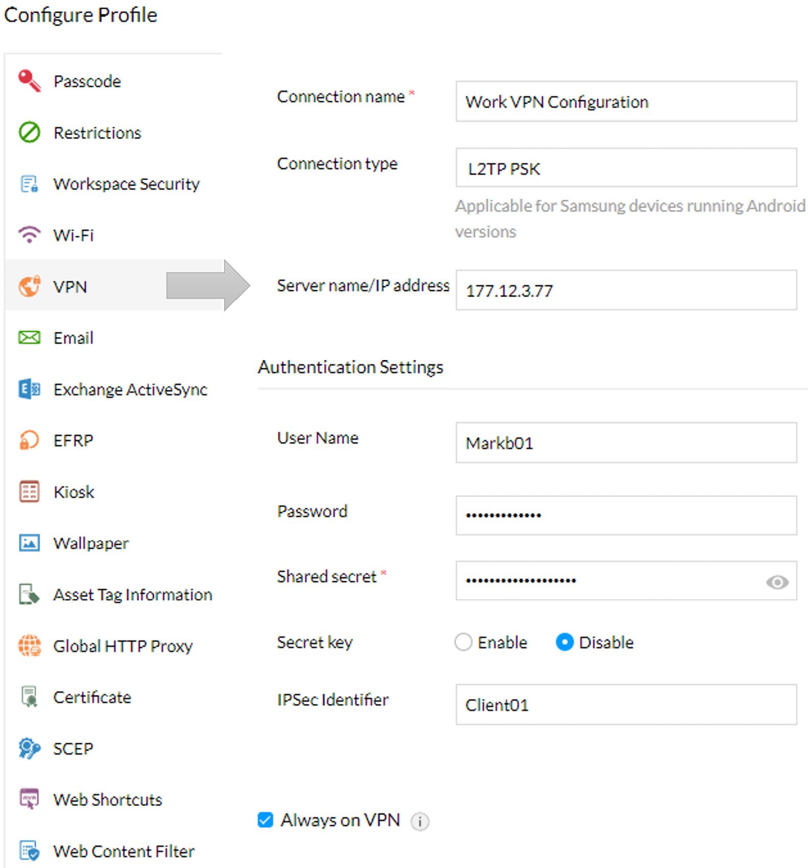 Figure 9.5 – An example VPN device configuration profile
