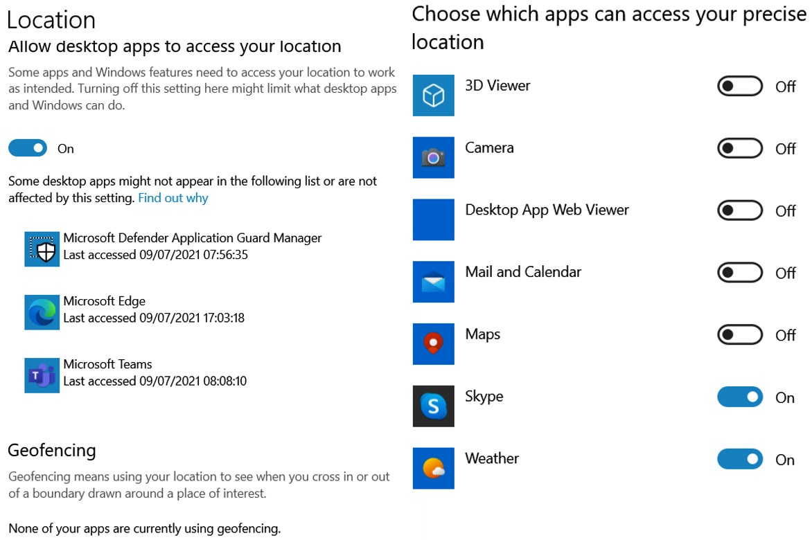 Figure 9.8 – The Microsoft location services privacy settings
