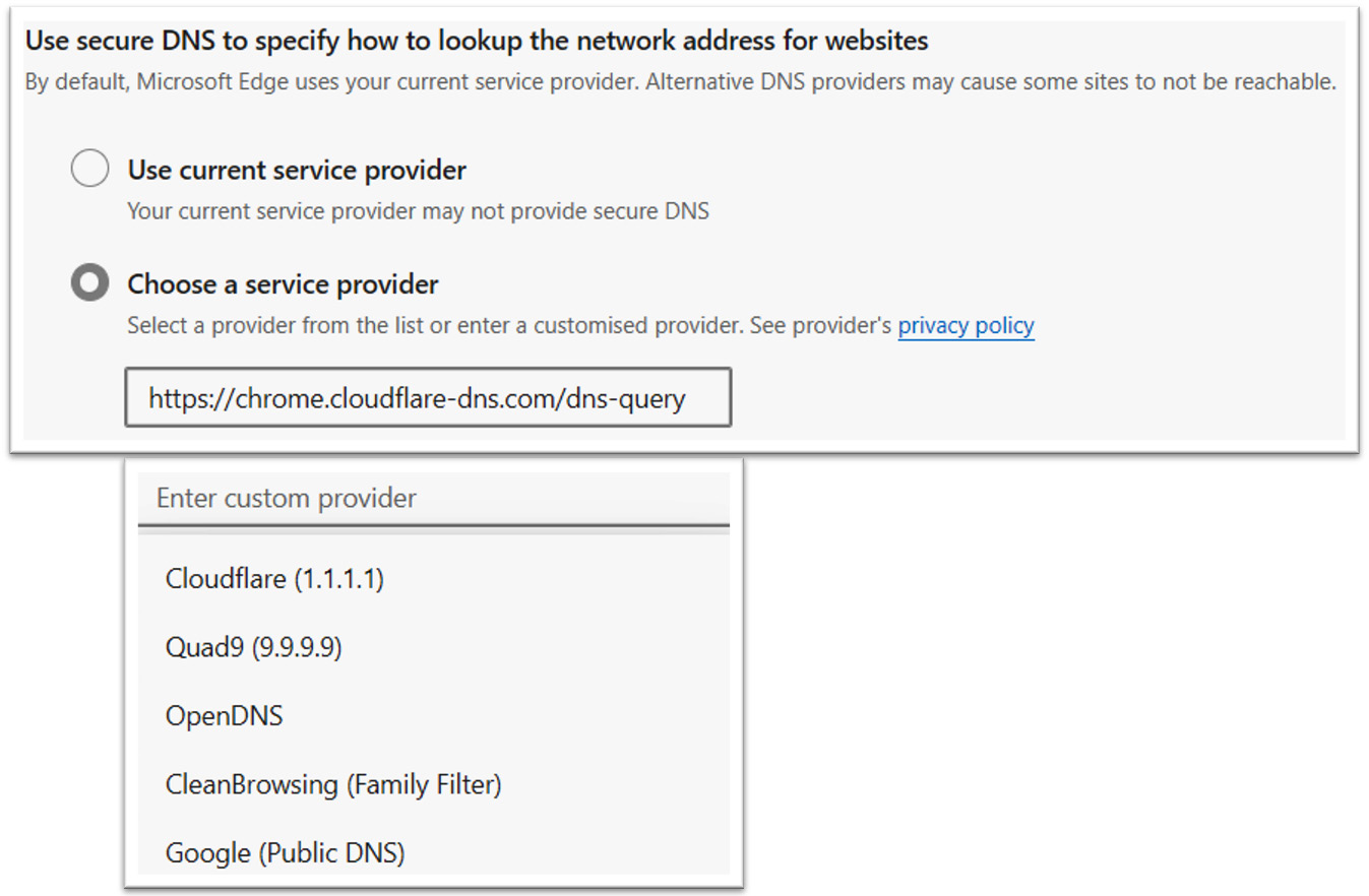 Figure 9.9 – The Microsoft Edge browser DoH settings
