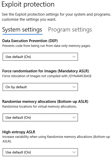 Figure 9.14 – Microsoft Windows ASLR settings
