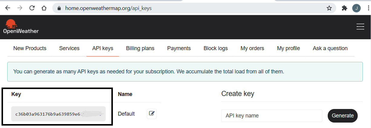 Figure 8.1 – The OpenWeatherMap API key
