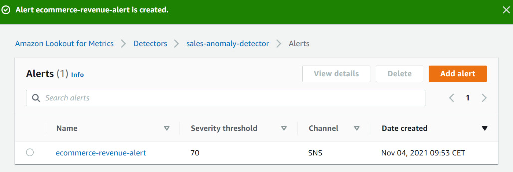 Figure 14.29 – Amazon Lookout for Metrics alerts associated with a given detector
