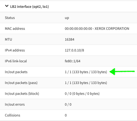 Figure 3.9 – Newly created loopback interface. Notice the In/out packets section