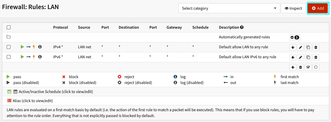 Figure 5.8 – The LAN's firewall rules page