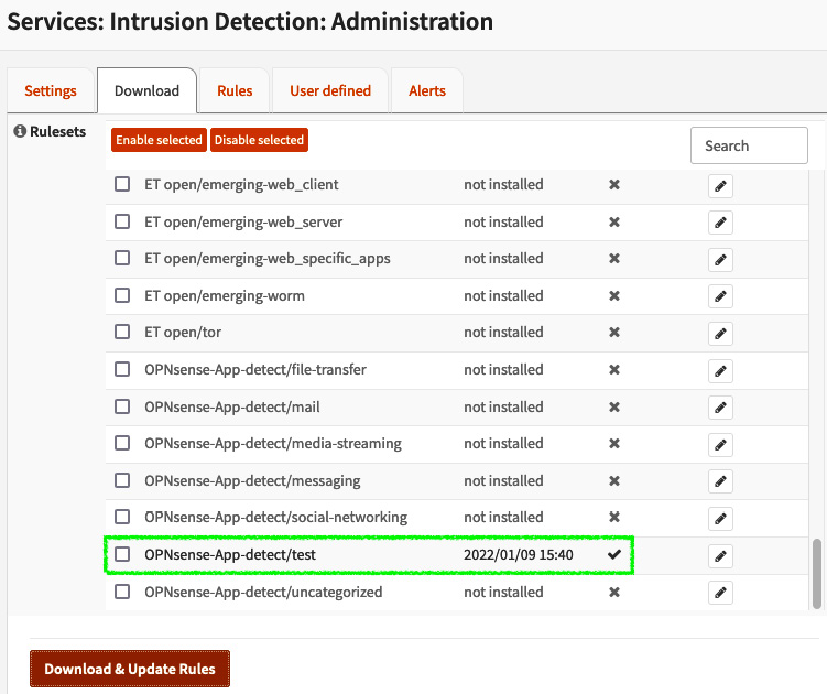 Figure 15.2 – Installing and enabling the OPNsense-App-detect/test ruleset