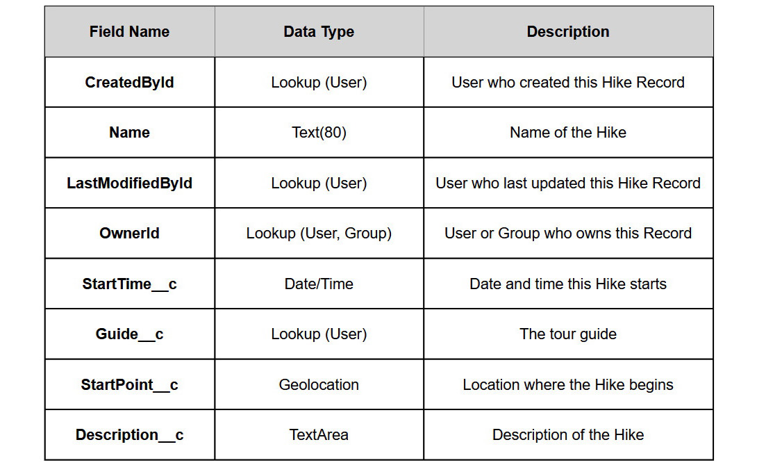 Table 1.1 – GuidedHike__c custom object fields
