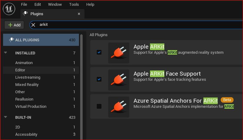 Figure 8.4: Enabling the Unreal Engine ARKit plugins
