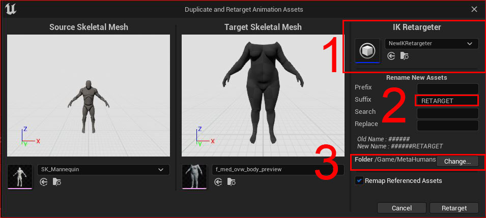 Figure 4.31: Duplicate and Retarget Animation Assets dialog box
