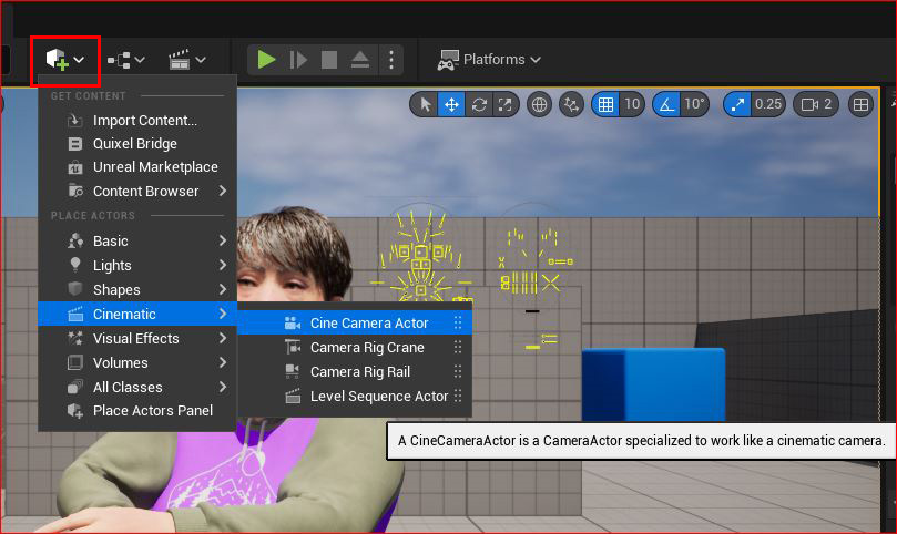 Figure 10.12: Quickly adding a camera to the scene
