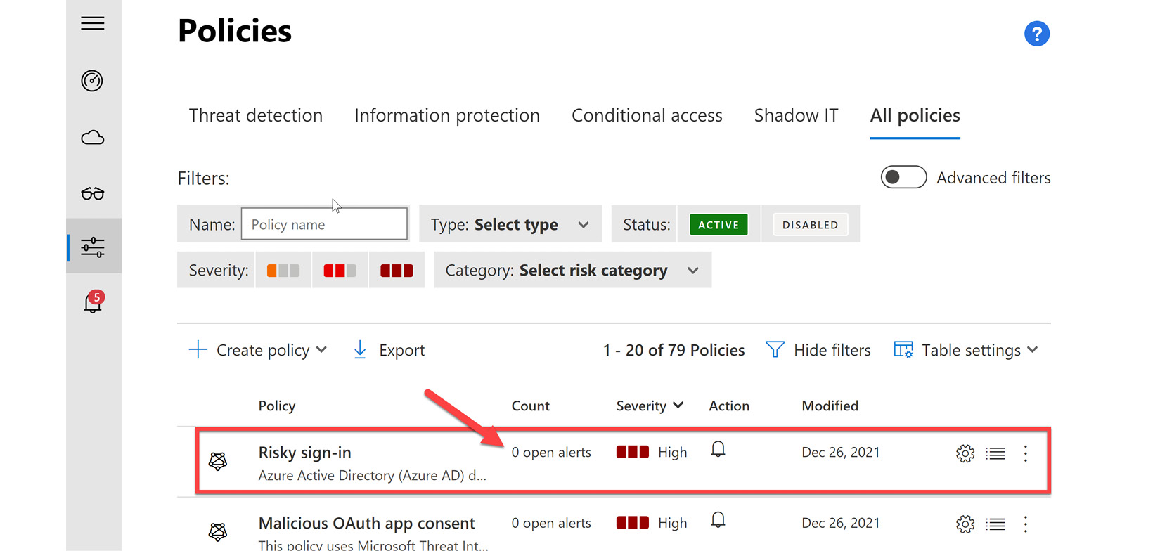 Figure 11.18 – Built-in policies and open alerts
