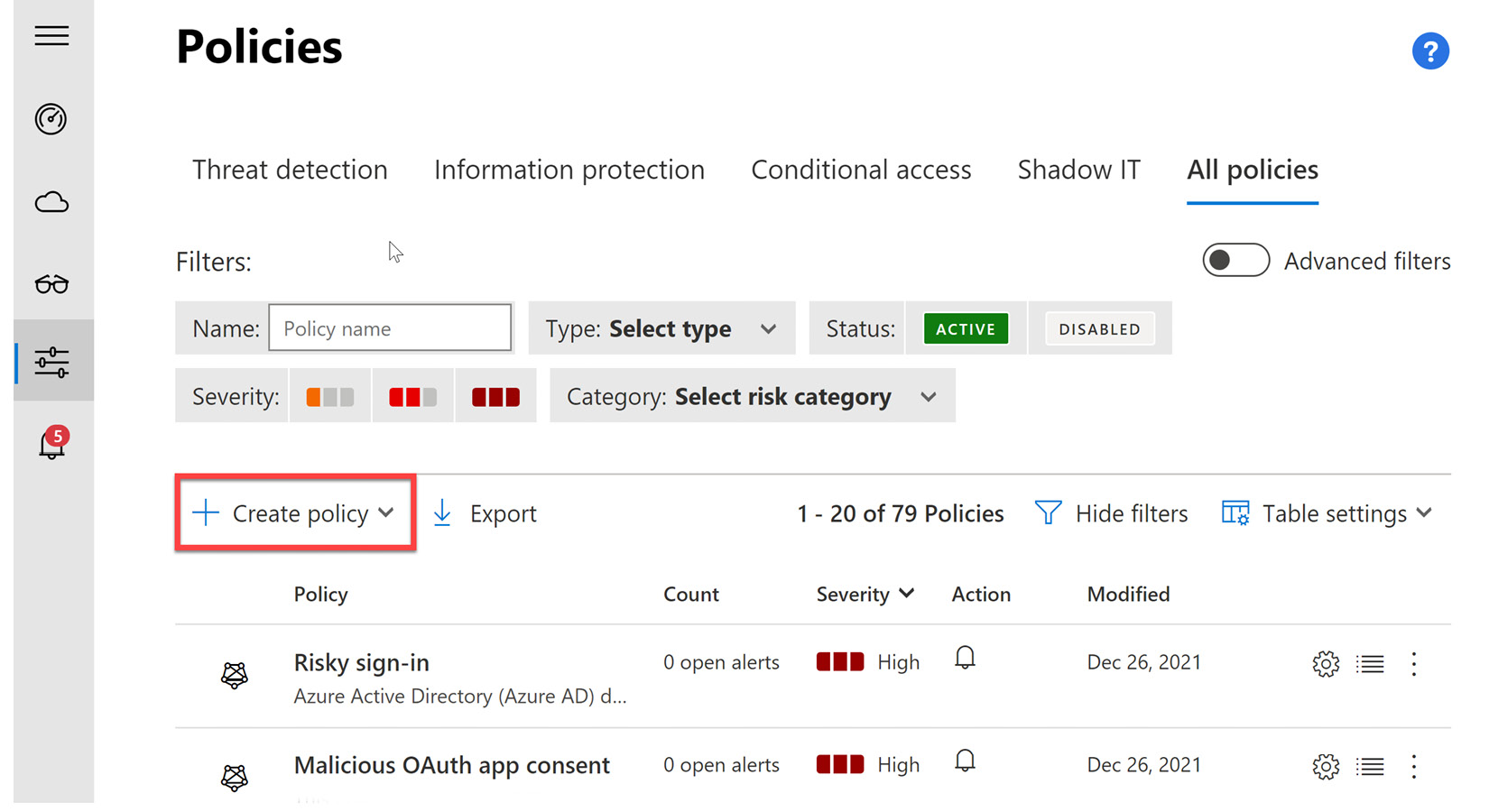 Figure 11.5 – Policies dashboard and the + Create policy option

