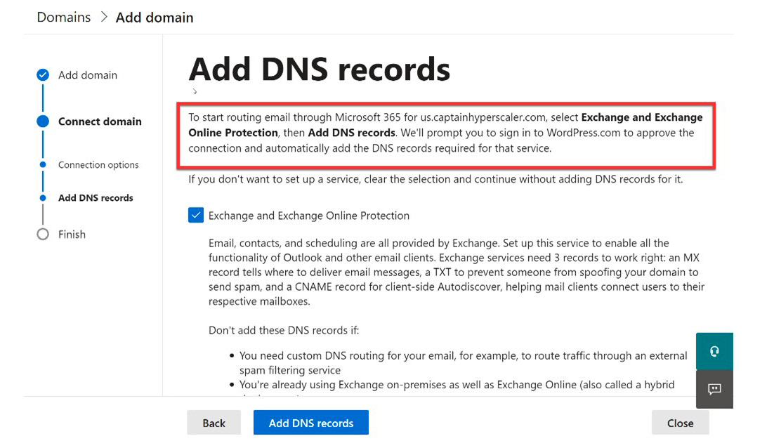 Figure 3.24 – Include DNS for Exchange email support
