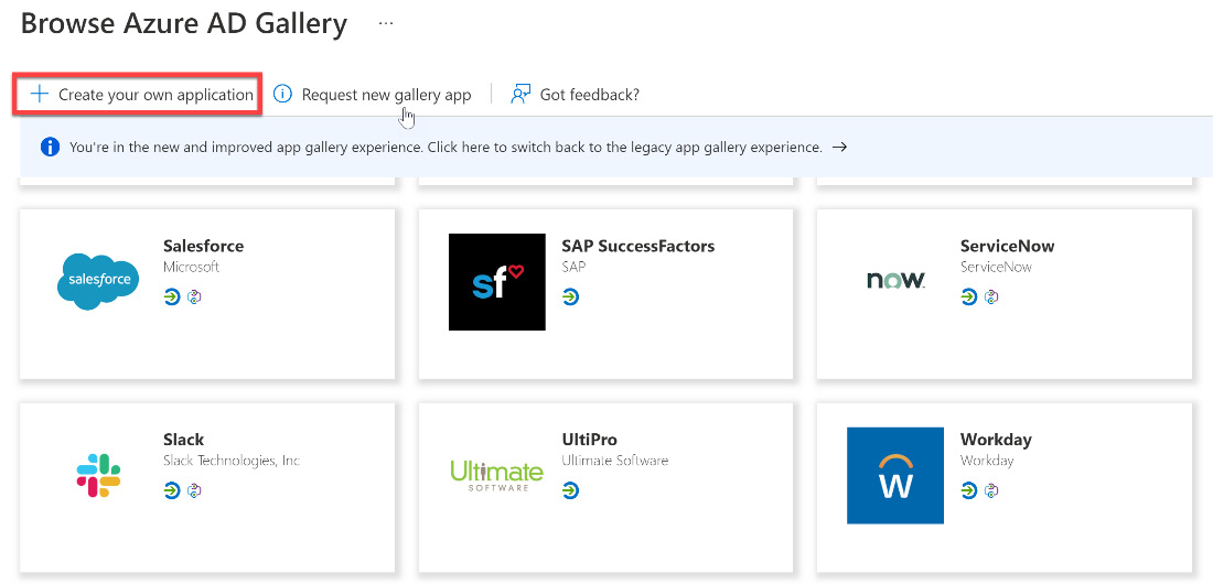 Figure 10.20 – Browsing Azure AD Gallery or the Create your own application option
