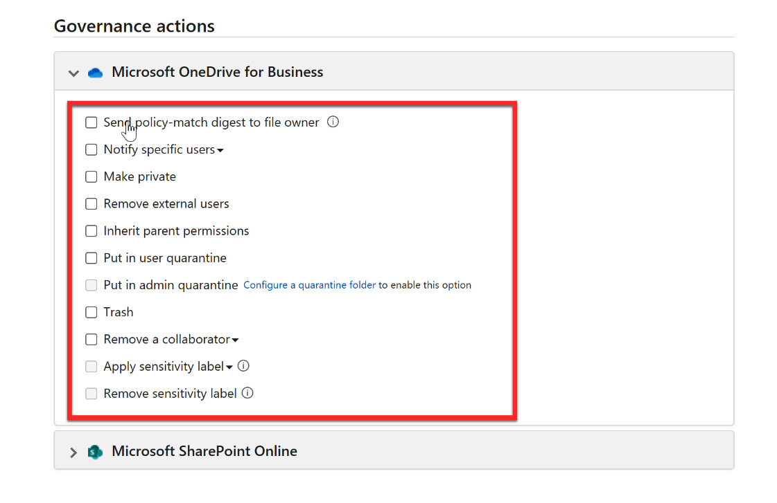 Figure 11.15 – OneDrive for Business governance actions
