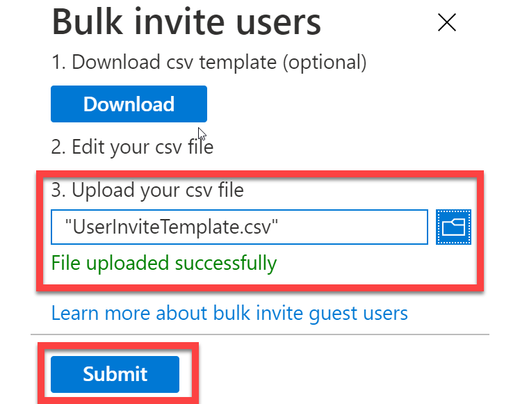 Figure 5.23 – Uploading and submitting the bulk invitation for guest users

