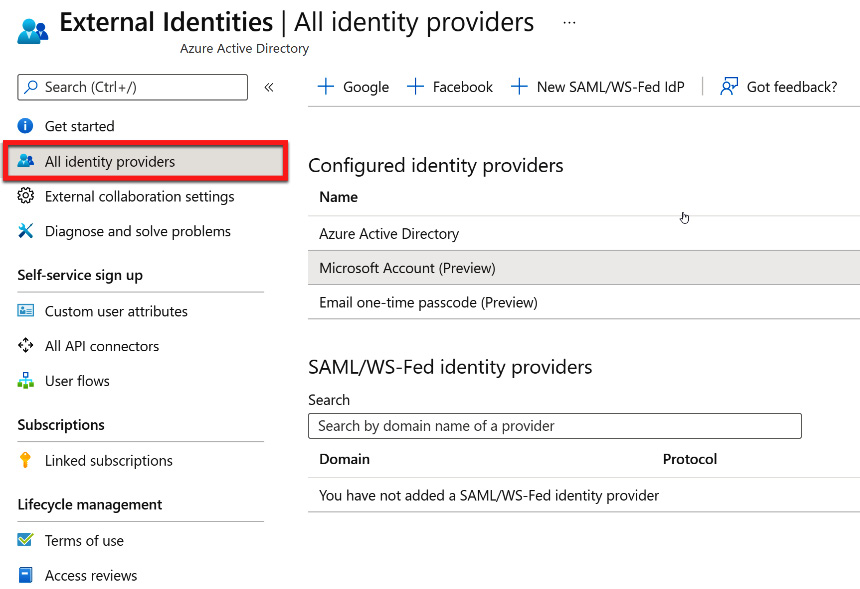 Figure 5.33 – All identity providers within the External Identities blade
