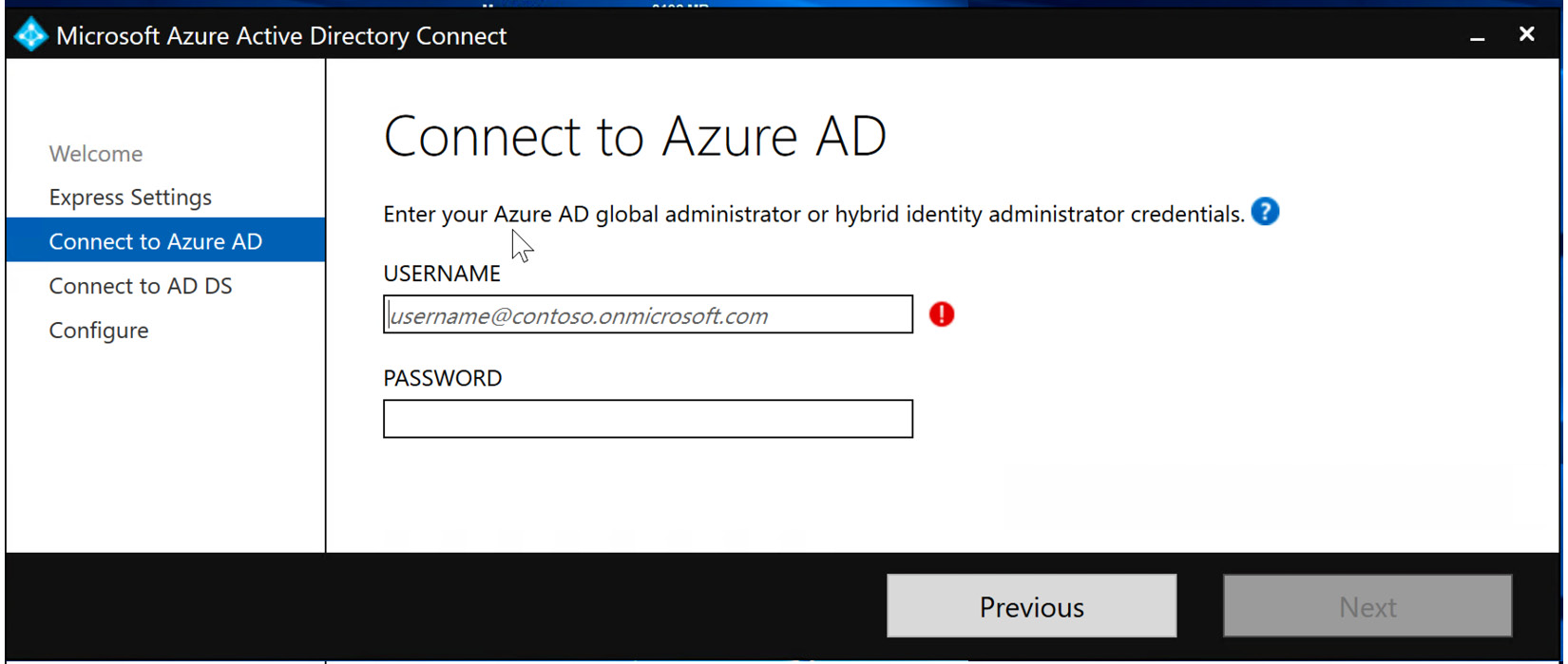 Figure 6.12 – Entering Azure AD global administrator or hybrid identity administrator credentials

