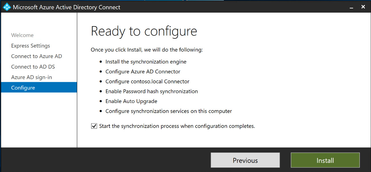 Figure 6.15 – Ready to configure and install Azure AD Connect
