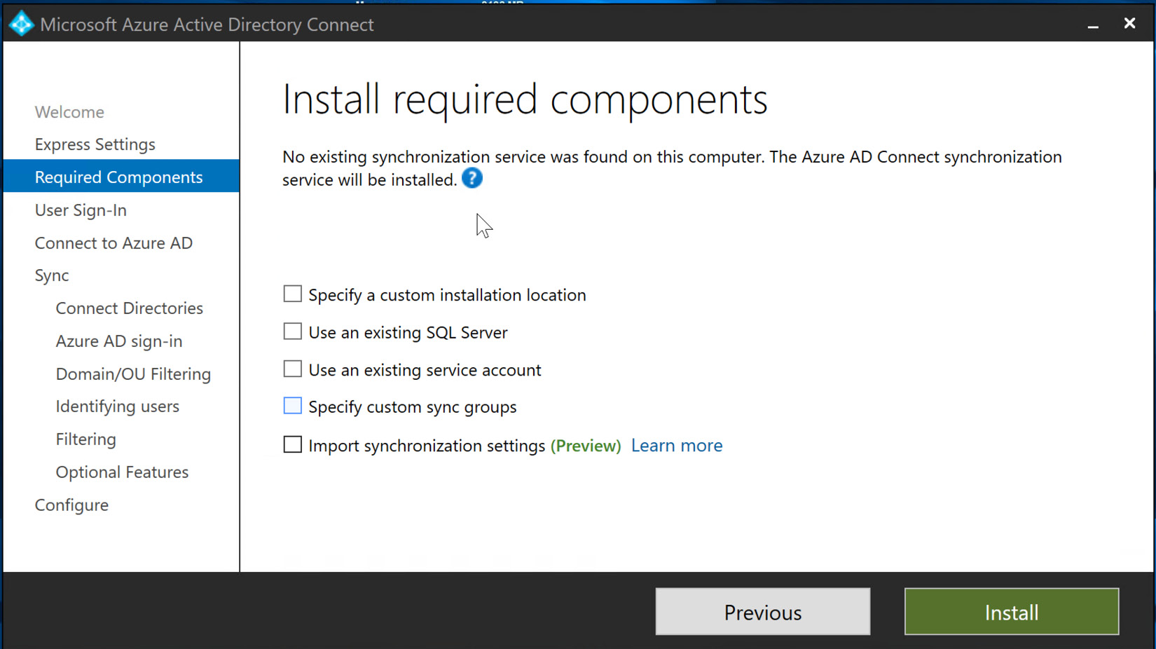 Figure 6.17 – Installation of Azure AD Connect Structured Query Language (SQL) and synchronization services
